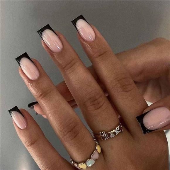 RikView French Tip Press on Nails Medium Fake Nails Black Stick on Nails Square